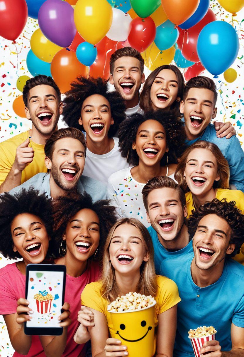 A vibrant collage showcasing diverse people laughing and enjoying entertaining video clips on their devices, surrounded by colorful whimsical elements like confetti and balloons. The background is bright and cheerful, emanating joy and positivity. Include playful doodles like smiley faces and popcorn to emphasize the fun aspect. super-realistic. vibrant colors. white background.