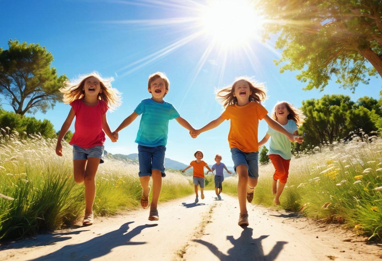 A bright and cheerful scene showcasing a montage of joyful moments: people laughing, children playing, and stunning landscapes. Incorporate elements of vibrant colors and light bursts to evoke happiness and positivity. Soft rays of sunlight filtering through a blue sky, enveloping the scene in warmth. Dynamic shapes and flowing lines to suggest motion and excitement. super-realistic. vibrant colors. white background.