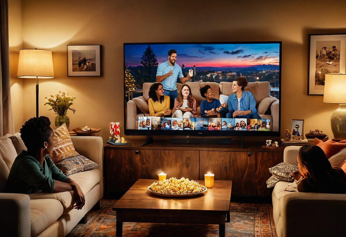 A cozy living room setting featuring a large TV screen displaying a collage of happy moments from various wholesome video segments, surrounded by comfortable furniture, popcorn bowls, and warm lighting. People of diverse backgrounds laughing and enjoying together, reflecting joy and engagement. Soft colors and a nostalgic atmosphere. super-realistic. vibrant colors.
